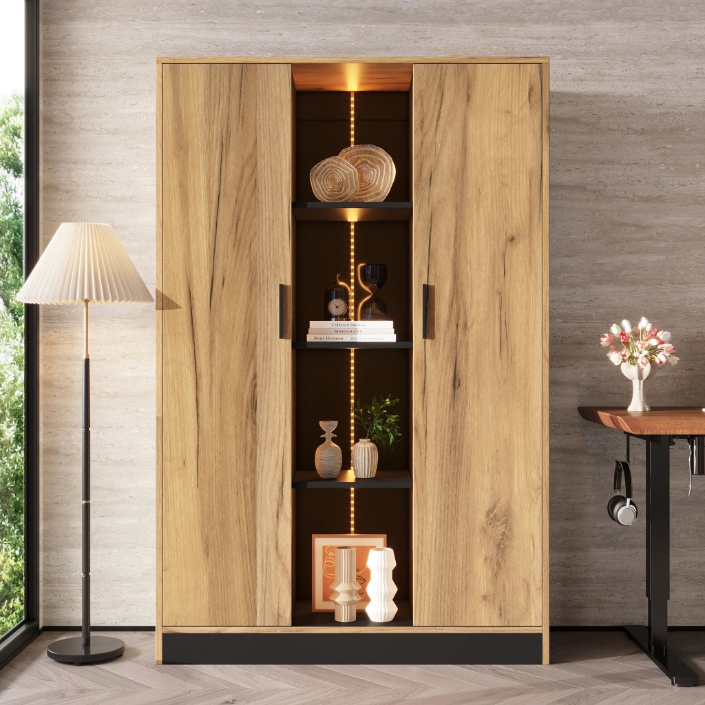 Armadio archivio con illuminazione LED; truciolare effetto rovere e nero; 95 x 35 x 160 cm; casa e ufficio
