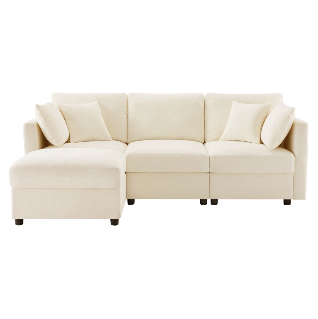 Divano angolare modulare 3 posti con pouf; in tessuto chenille beige; 218x156;5x86 cm