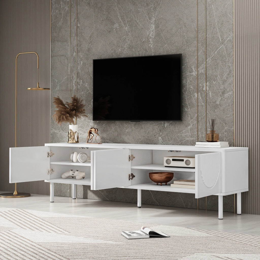 Mobile TV con 4 vani e passacavi; per soggiorno; in MDF e truciolare; bianco; 180x40x52 cm