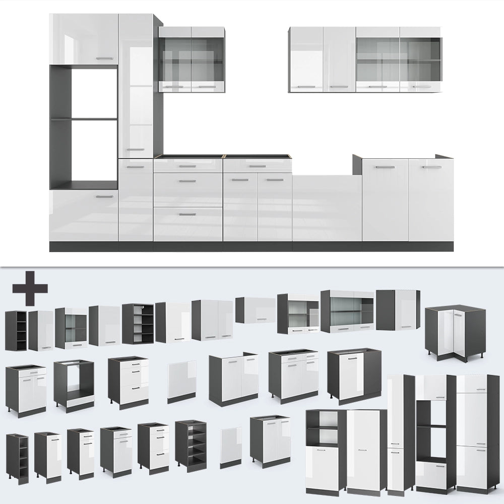 Vicco Cucina  Bianco lucido/antracite 350 cm con armadio alto, PL Antracite