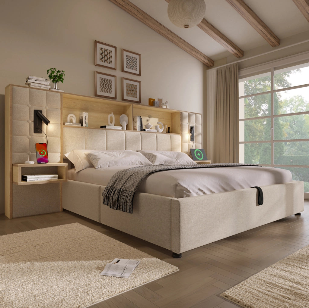 Letto contenitore 160x200 beige con LED, USB-C e comodini