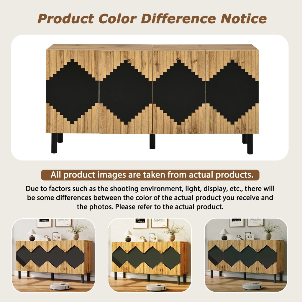 Credenza e madia con 4 ante push-open e 4 vani, per soggiorno, in MDF e truciolare, naturale nero, 140 × 40 × 70 cm