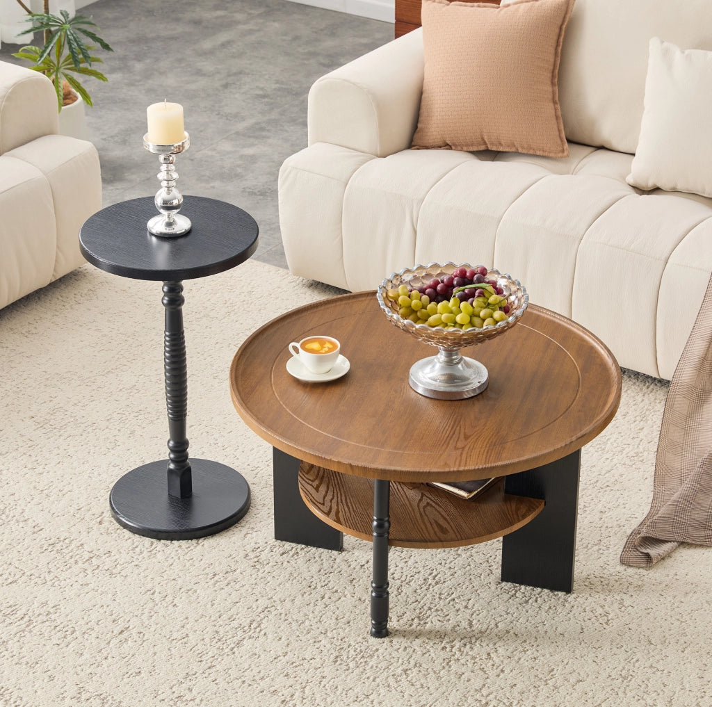 Set di 2 tavolini rotondi MDF noce e nero con vano