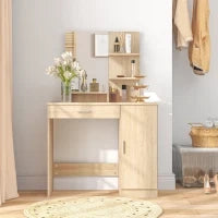 Toeletta da Camera con Armadietto, Cassetto, Specchio per Trucco e Ripiani Aperti, 90x38x138 cm, Acero