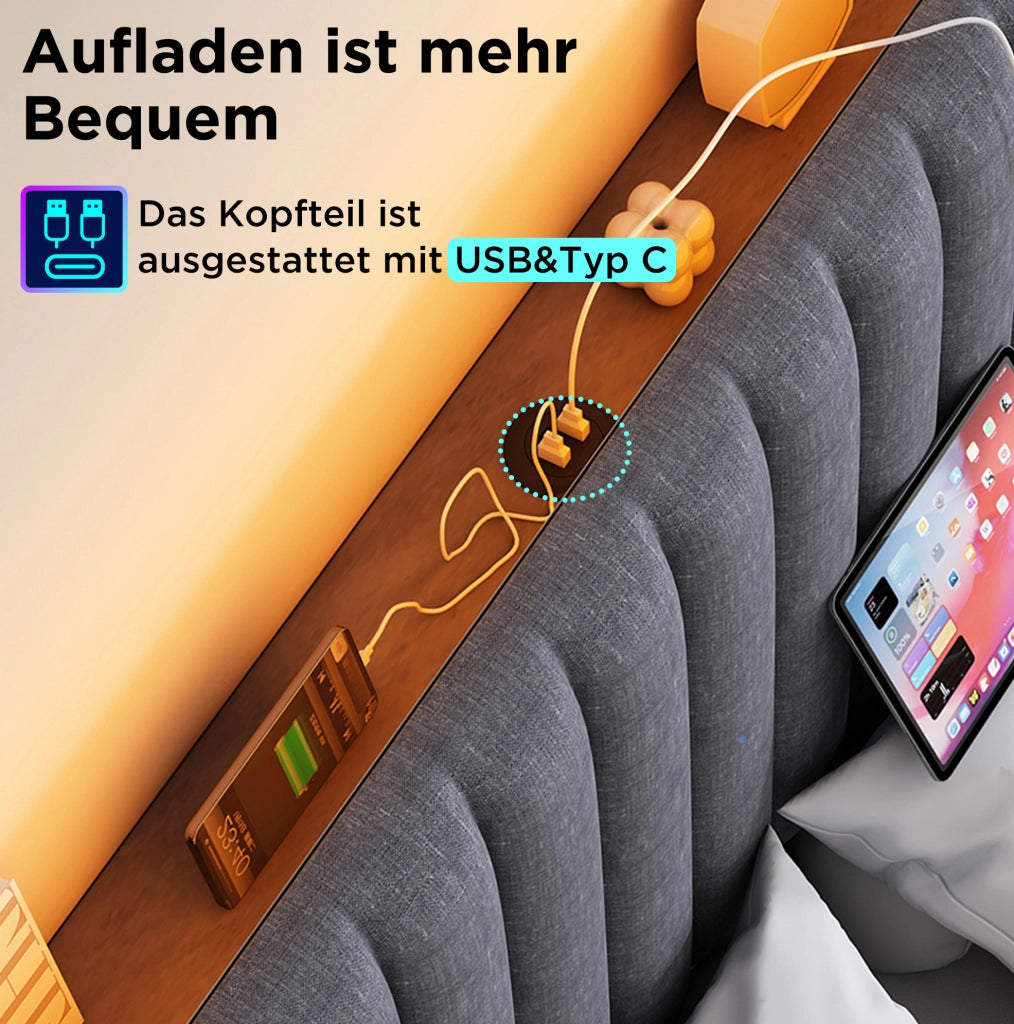 Letto matrimoniale imbottito 140x200 cm in lino grigio con contenitore; LED e porte USB Type C
