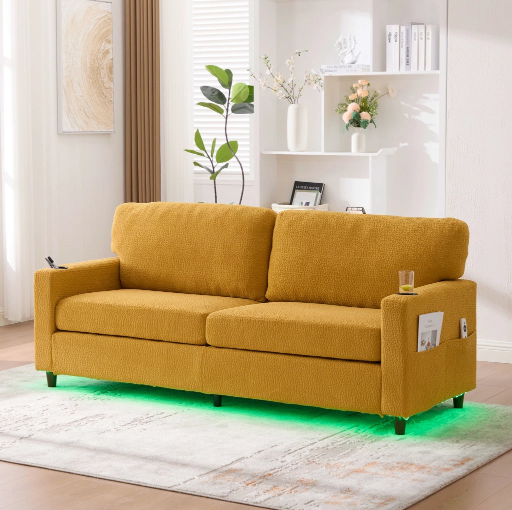 Divano a 2 posti in chenille con USB-C; LED; portabicchieri e tasche laterali; 203 cm; giallo senape