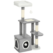 ALBERO TIRAGRAFFI PER GATTI CON CASETTA, LETTINO E 2 PALLINE, IN LEGNO E PELUCHE, 55X40X107 CM, GRIGIO E BIANCO