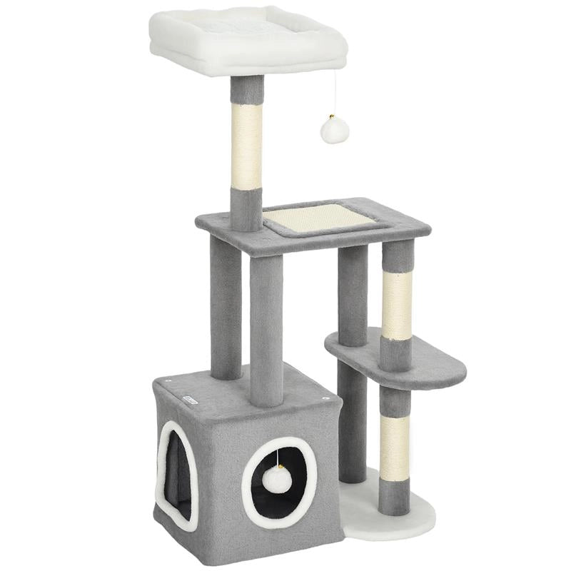 ALBERO TIRAGRAFFI PER GATTI CON CASETTA, LETTINO E 2 PALLINE, IN LEGNO E PELUCHE, 55X40X107 CM, GRIGIO E BIANCO