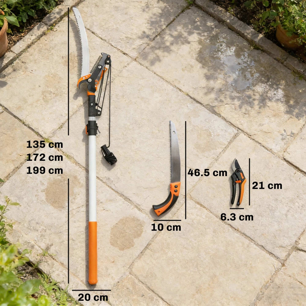 Seghetto Manuale 2-in-1 con Asta Telescopica in Alluminio da 2-3 m, Sega da Potatura e Cesoie con Blocco di Sicurezza