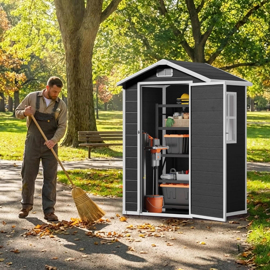 Casetta da Giardino in Resina, Capanno Porta Attrezzi Intemperie con Finestra e Ventilazione, Box Stoccaggio con Serratura per Attrezzi da Giardino, 122 x 92 x 187 cm (Nero)