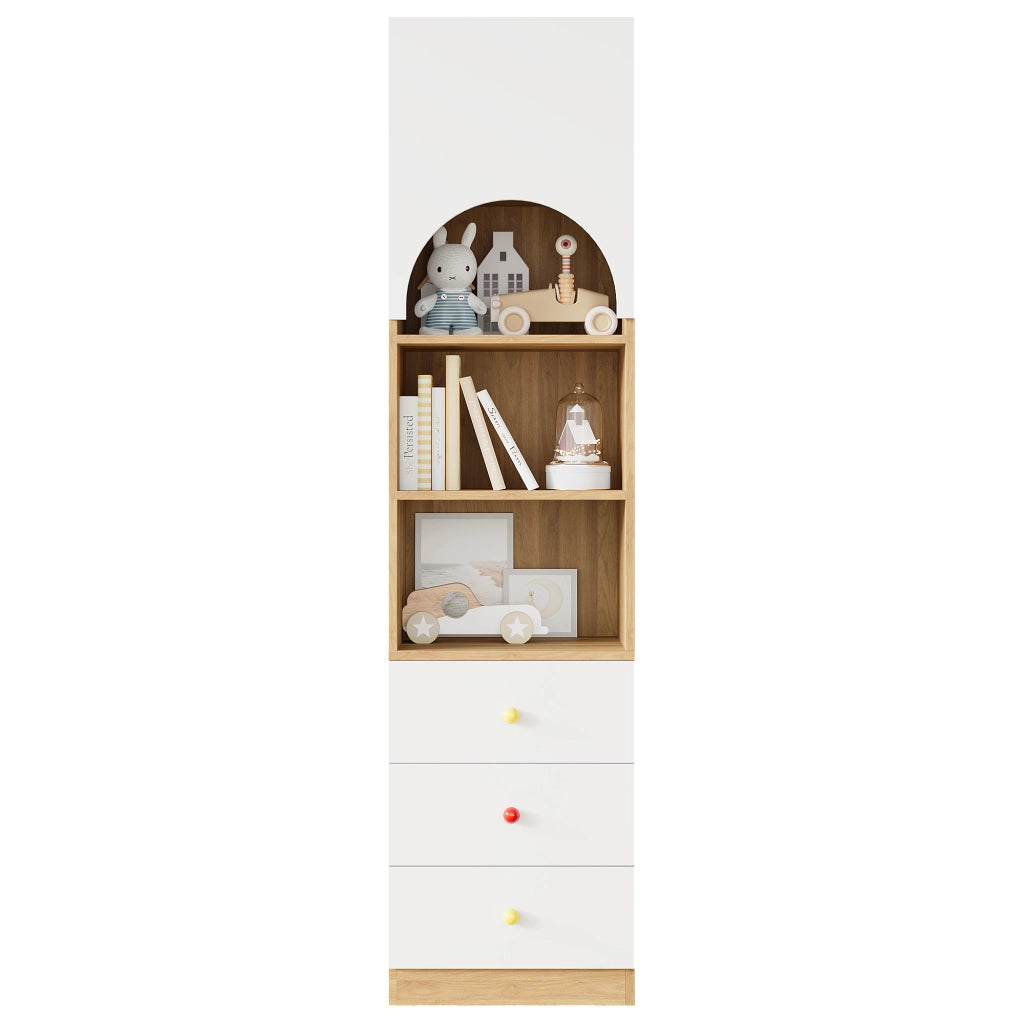 Libreria, vetrina, 3 cassetti, ripiani portaoggetti, maniglie in ceramica, finitura effetto legno, bianco