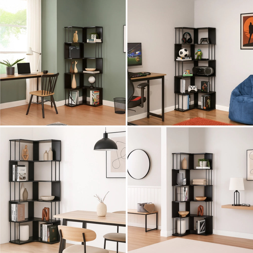 Scaffale Angolare Afrel con 5 Ripiani Aperti 160x54x54 cm - Nero [en.casa]