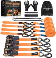 4 x Cinture di sicurezza per carichi 997kg, 4,5m, con ganci, EN 12195-2, protezione dell'attrezzatura durante il trasporto, cintura di sicurezza per motori 25mm, tasca di stivaggio extra e 2 gomme di bloccaggio - Arancione