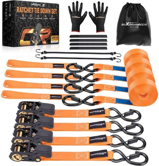 4 x Cinture di sicurezza per carichi 997kg, 4,5m, con ganci, EN 12195-2, protezione dell'attrezzatura durante il trasporto, cintura di sicurezza per motori 25mm, tasca di stivaggio extra e 2 gomme di bloccaggio - Arancione