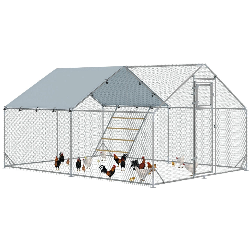 Recinto per Galline da 12 mq 300x400x195 cm per 12-18 Animali con Tetto Impermeabile Mangiatoia e Posatoio Argento