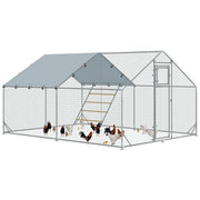 Recinto per Galline da 12 mq 300x400x195 cm per 12-18 Animali con Tetto Impermeabile Mangiatoia e Posatoio Argento