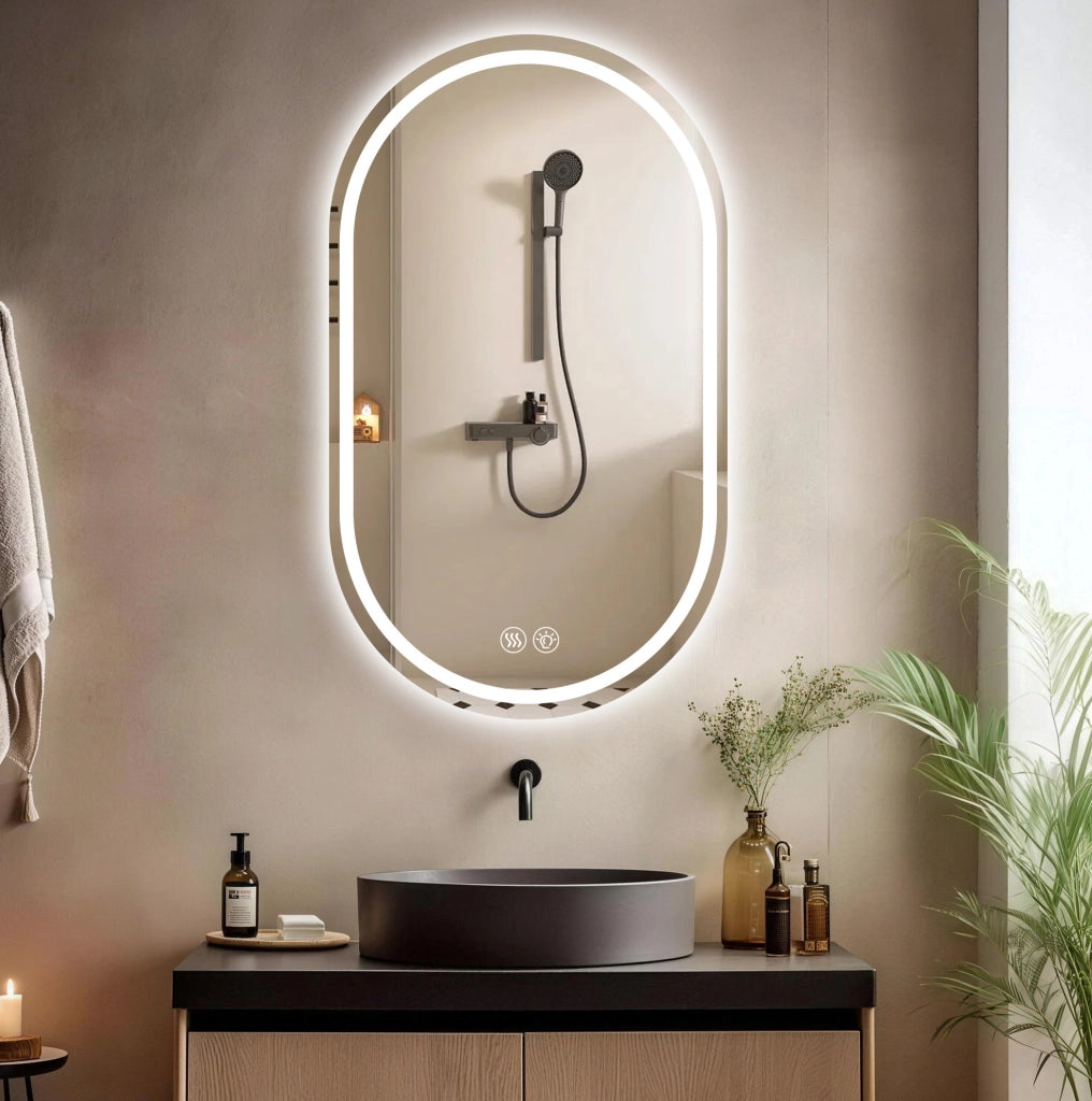 Specchio bagno LED ovale 60x90 cm argento; vetro e metallo con antiappannamento