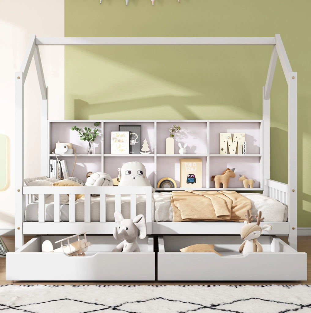Letto per bambini a casetta 200x90 cm con 2 cassetti; scomparto portaoggetti; pino bianco