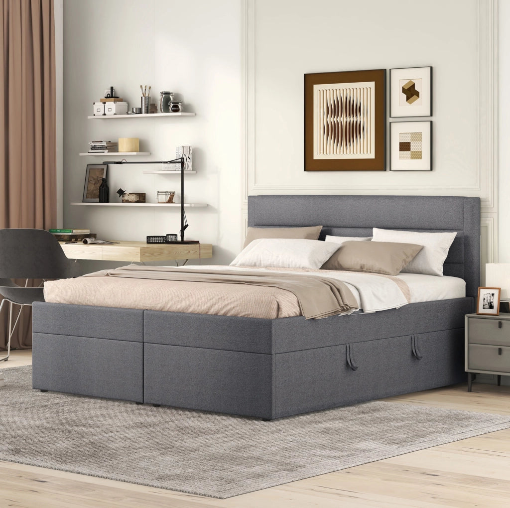 Letto 140x200 cm con contenitore e apertura bilaterale in legno; MDF; metallo e lino