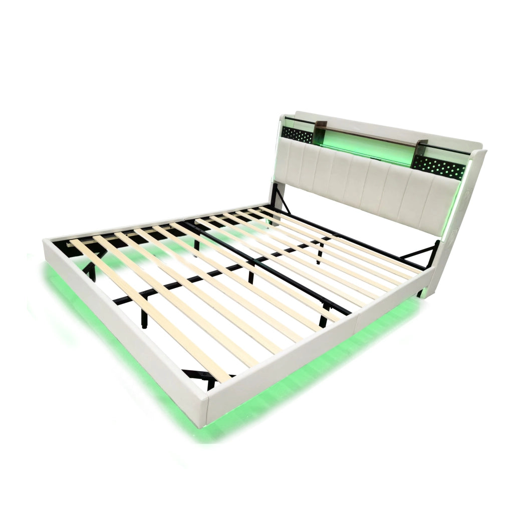 OKWISH Letto Imbottito 160×200 cm, Letto Matrimoniale con USB, Tipo C, LED Regolabile e Contenitore, senza Materasso, in Tessuto Beige