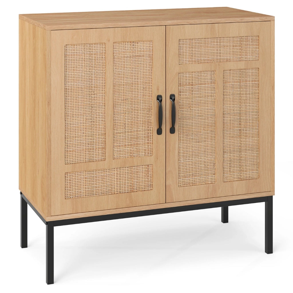 Armadietto boho con motivo asimmetrico con ripiano regolabile a 3 posizioni, Armadio portaoggetti in rattan per cucina Naturale-Credenze buffet