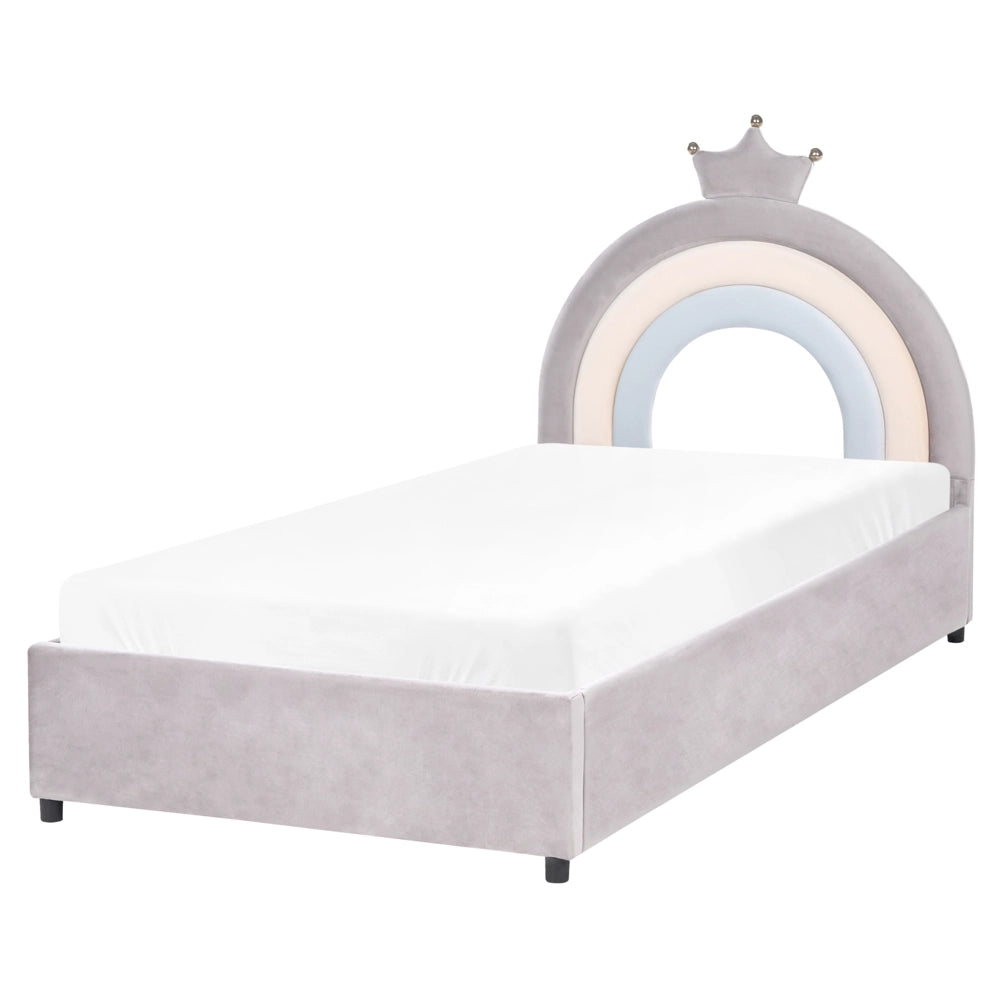 Letto singolo in velluto grigio imbottito con base a doghe e contenitore Blu 90 x 200 cm Cameretta Bambini Moderna Tradizionale