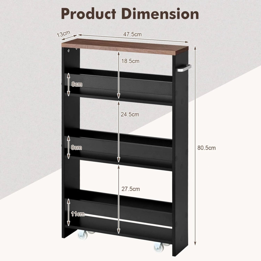 Carrello per Nicchia con Ruote, 4 Livelli，Carrello di Servizio Stretto Salvaspazio, da Bagno, Scaffale da Cucina Sottile 47,5 x 13 x 80,5 cm (Marrone+Nero, Largo 13 cm)