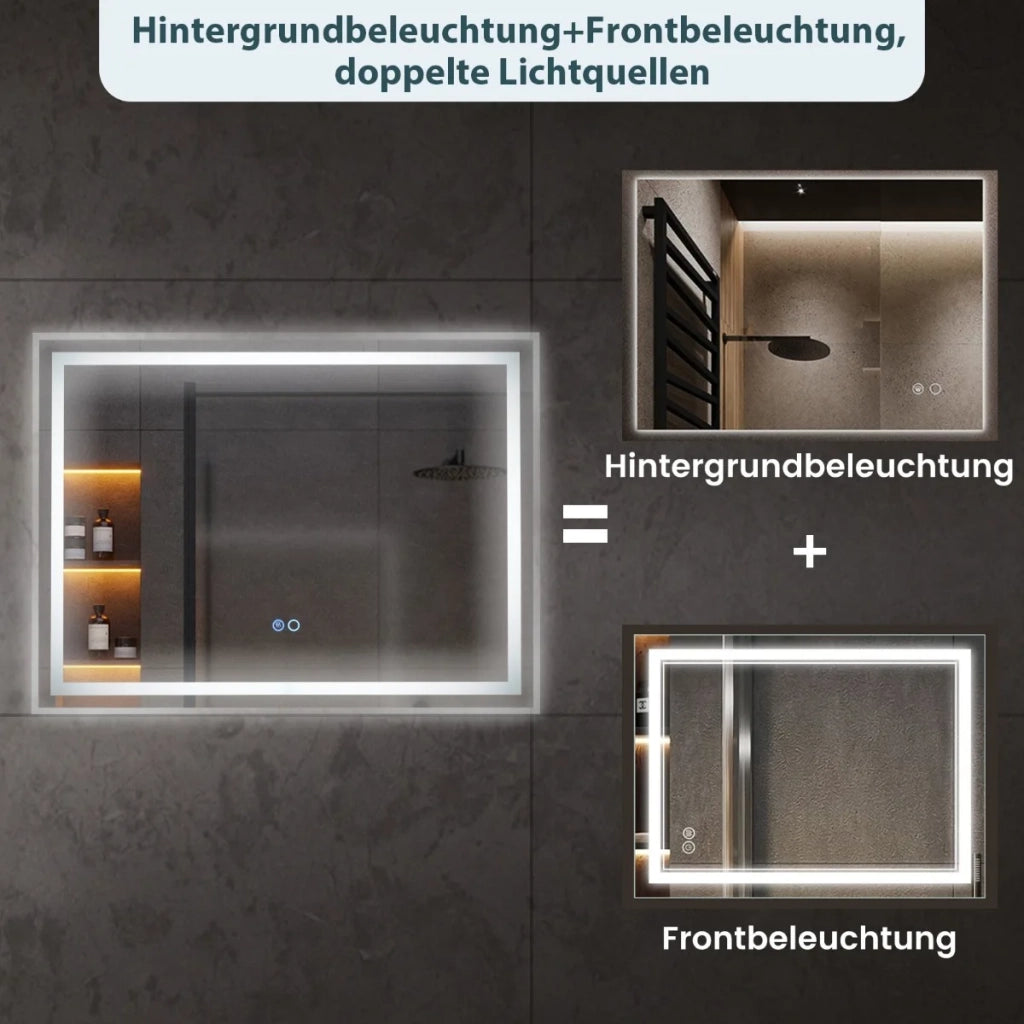 Specchio da Bagno LED 80x60cm Rettangolare da Parete con Luce Dimmerabile 3 Colori e Antiappannamento Touch