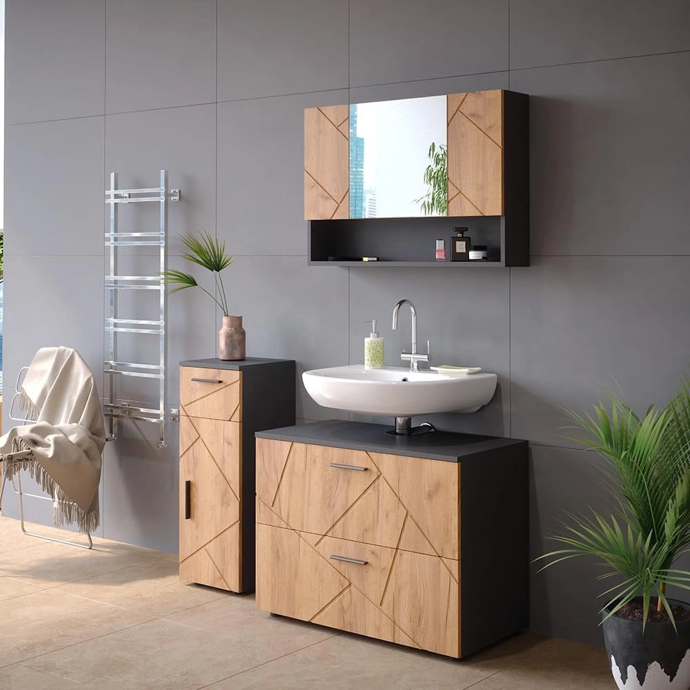 Specchio contenitore bagno Irma, Quercia dorata/antracite, 80.1 x 55 cm, con specchio e ripiani aperti per montaggio a parete