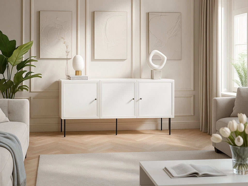 Credenza Vigasio, Madia da salotto con tre ante battenti, Rialzata da terra, 151x40 h75 cm, Bianco