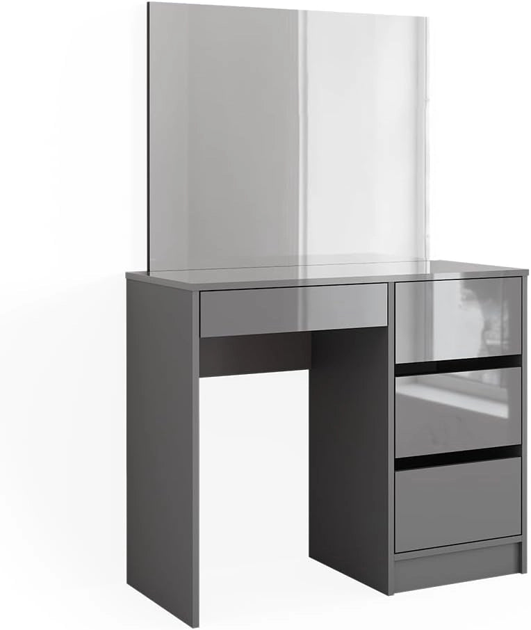 Tavolo da toeletta Sherry, Grigio, 90 cm con specchio, con grande specchio per la cura quotidiana e la creazione di acconciature