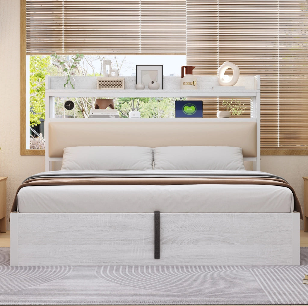 Letto matrimoniale 180x200 cm con contenitore; sollevamento idraulico; USB; testiera imbottita bianco