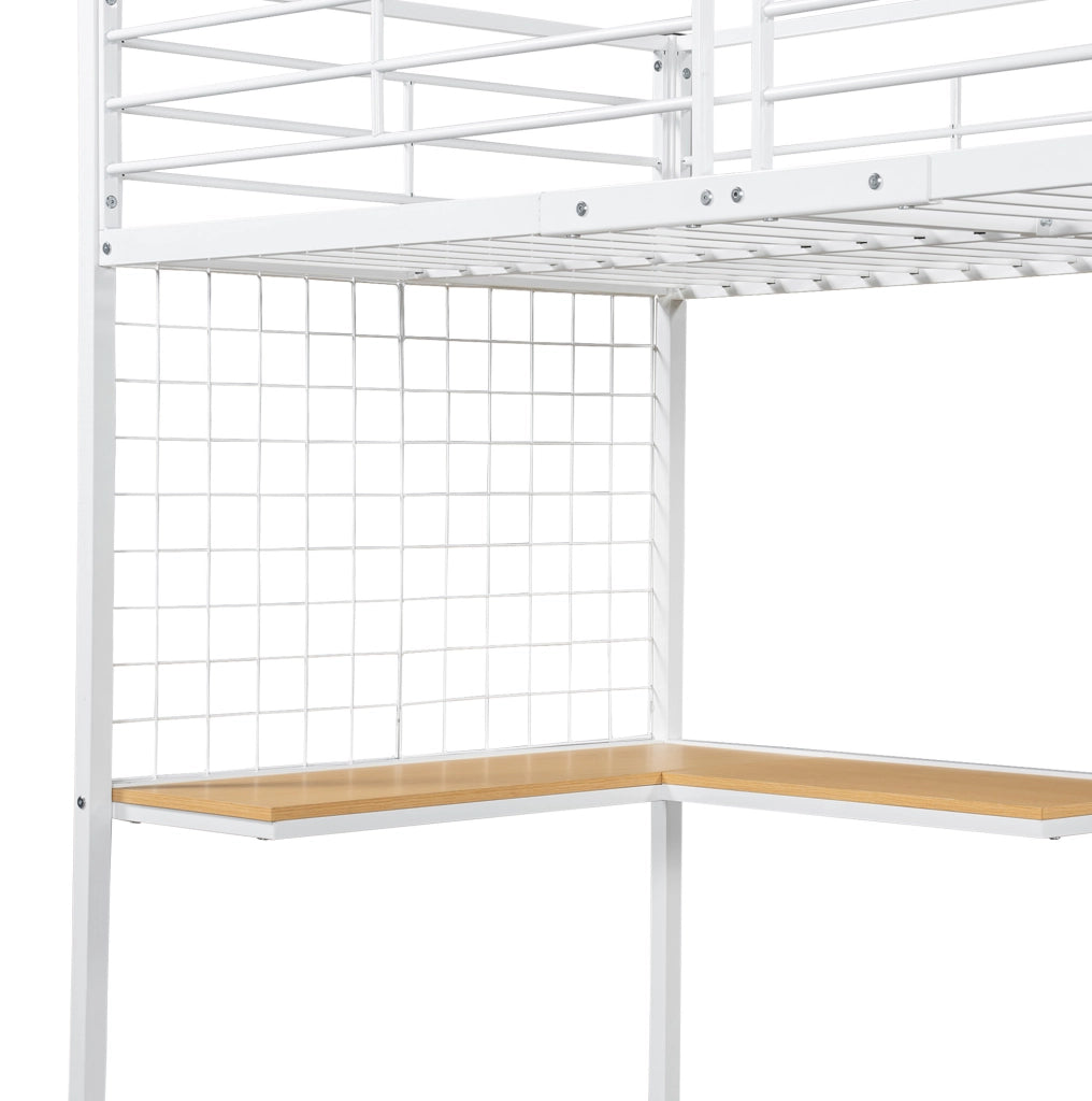 Letto a soppalco in metallo 90x200 cm con scrivania e armadio; bianco naturale