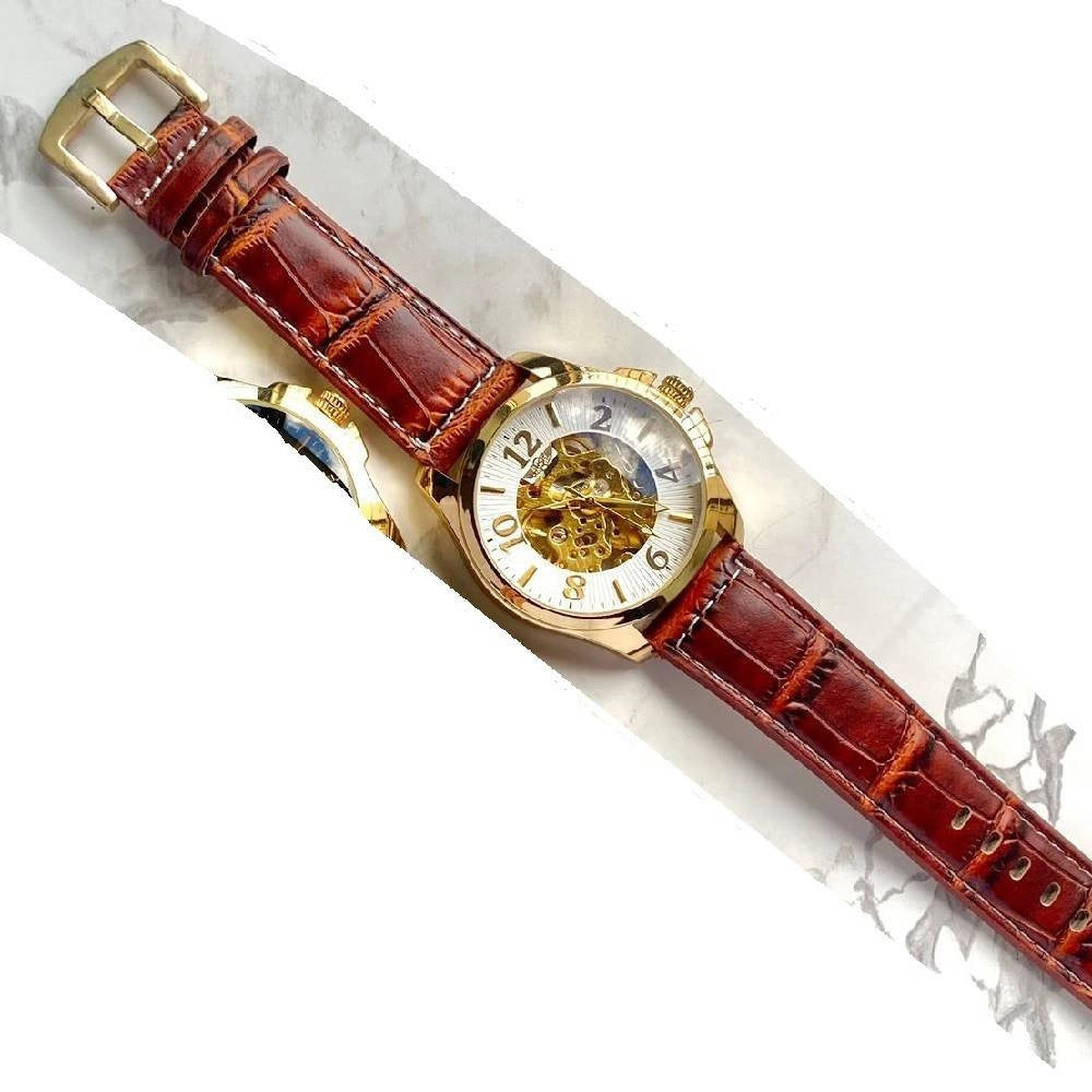 Trade Shop - Orologio Polso Zcc G8239 Uomo Automatico Cinturino Pelle Marrone Bianco Dorato -