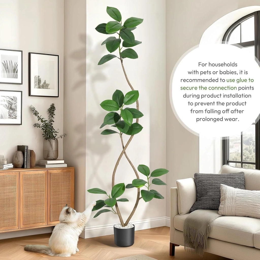 Ficus Elastica Artificiale 210 cm a Doppio Tronco con Vaso Effetto Pietra e Ciottoli