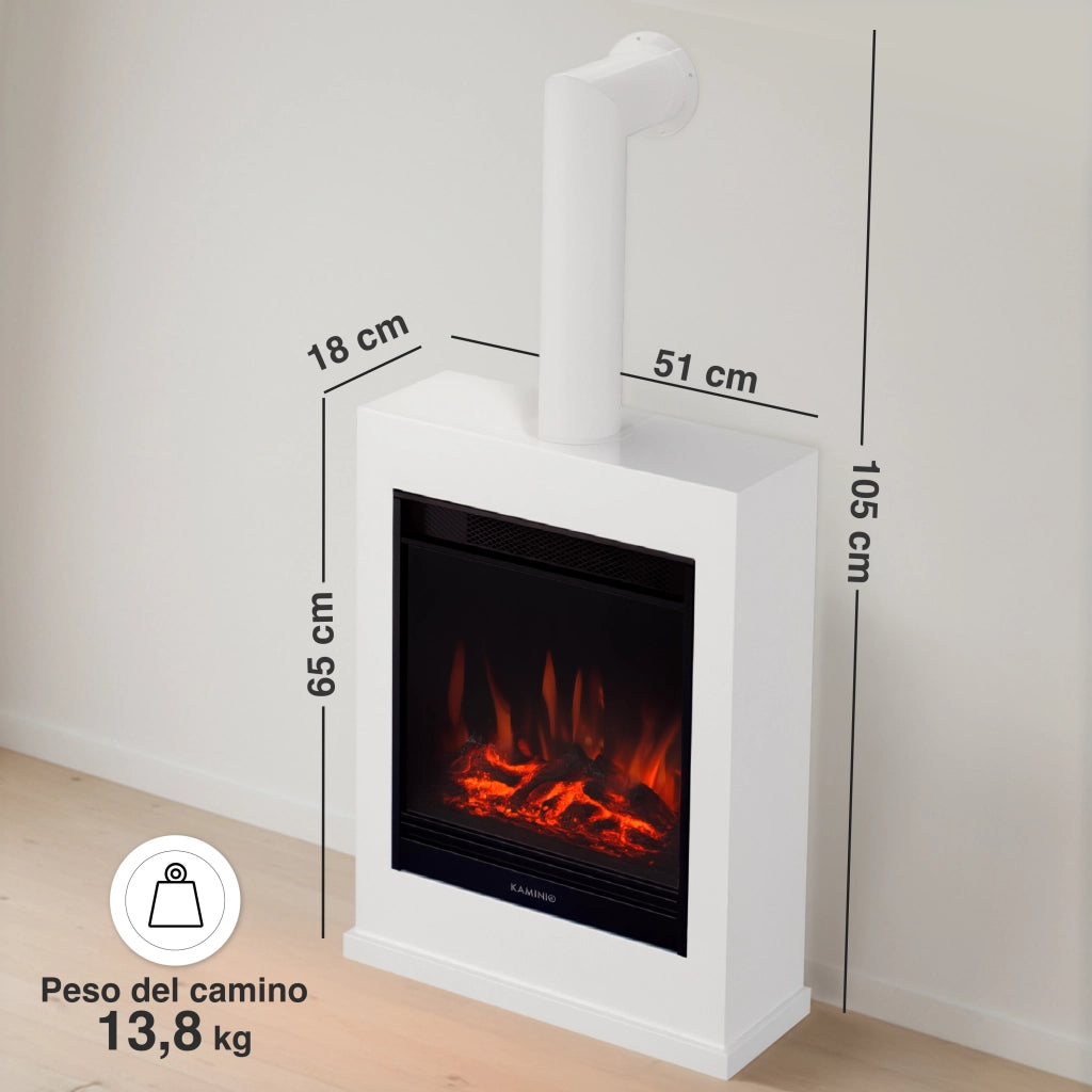 KAMINIO Camino elettrico KALLE con tubo del camino - Caminetto elettrico a pavimento con riscaldamento, effetto fiamma 3D, telecomando - Bianco