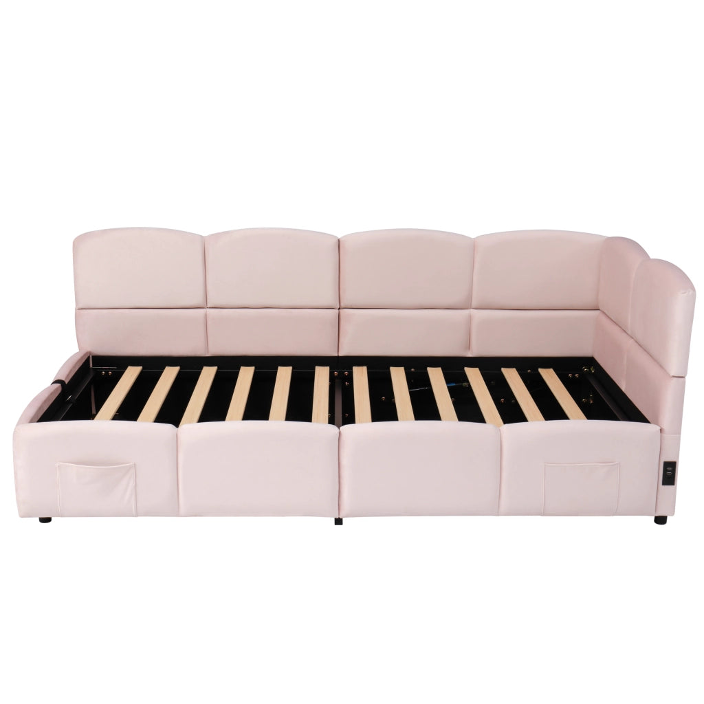 Letto imbottito singolo per bambini e adulti - Zephmum - 90x200 cm, rosa velluto, con contenitore e USB