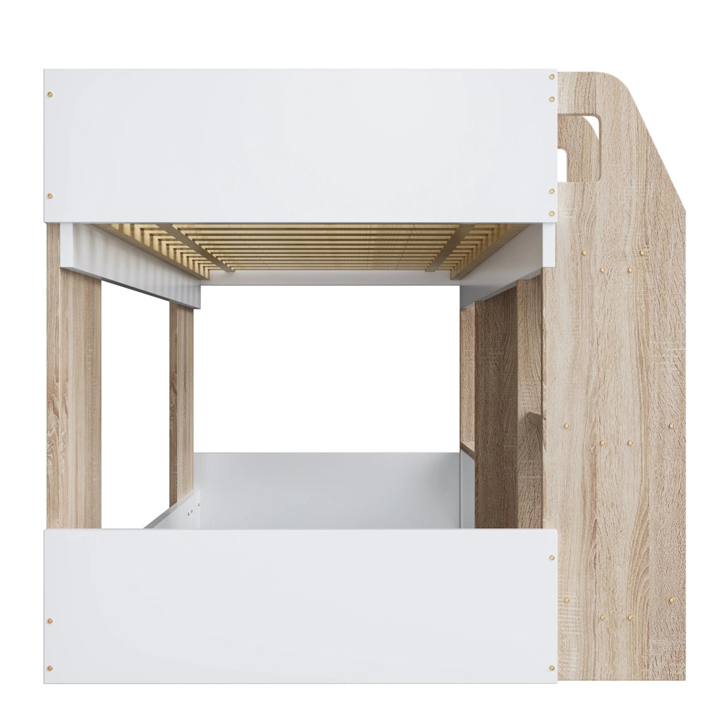 Letto a soppalco per bambini a forma di casetta 90x200 cm con scala e spazio contenitore; bianco e legno