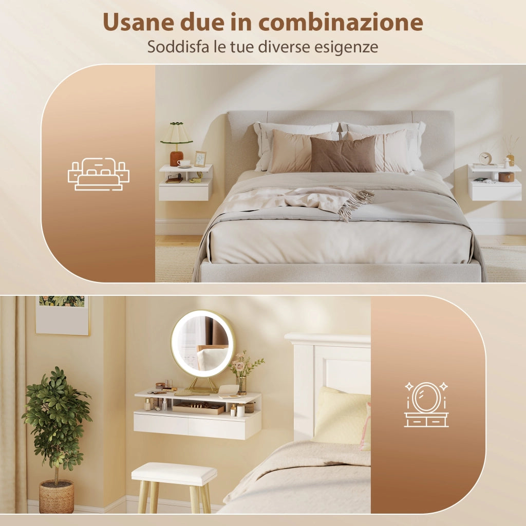 Set di 2 Comodini Sospesi con Cassetto e Mensola Aperta, 35x32x22.5 cm, Bianco