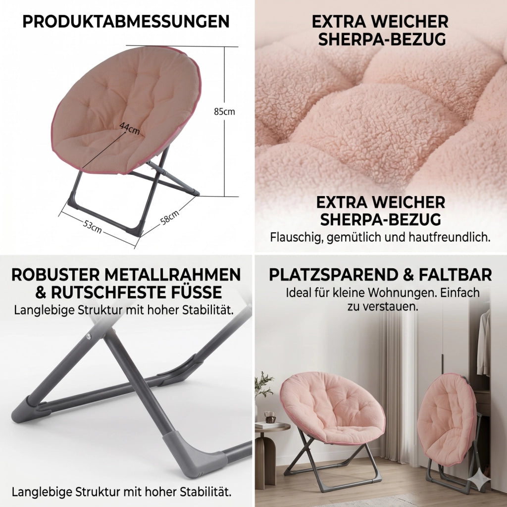 SEDIA PIEGHEVOLE A LUNA IN TESSUTO ROSA CON BASE IN METALLO