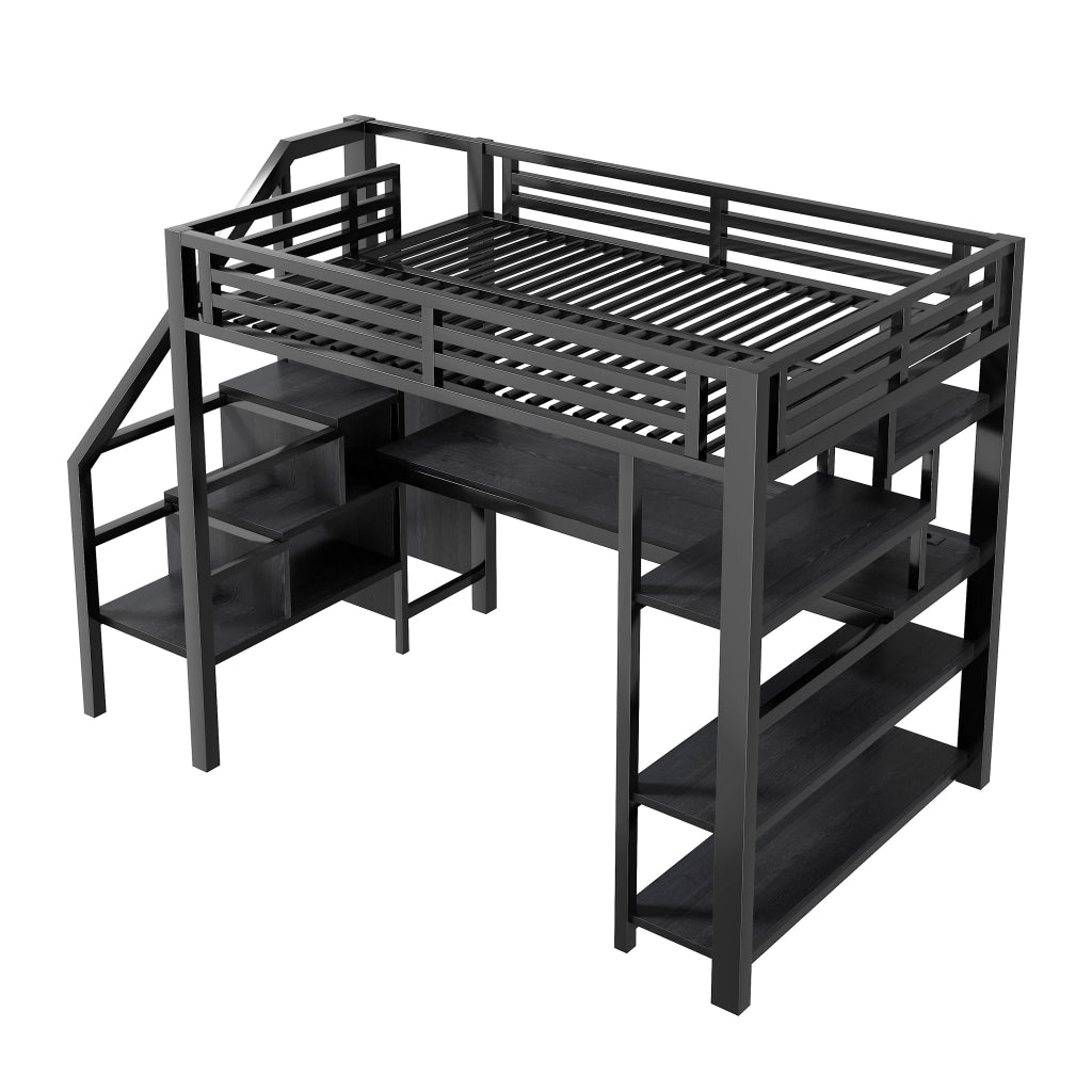 LETTO a soppalco 140x200 cm in metallo e MDF nero con scrivania, armadio e scala
