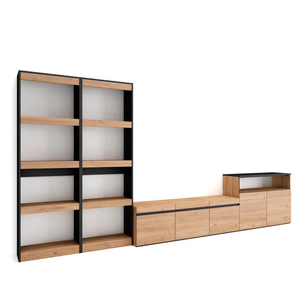 Mobile TV, Soggiorno, 370x35x186cm, Per TV fino a 65", Set di mobili, colore Rovere e nero RF3181