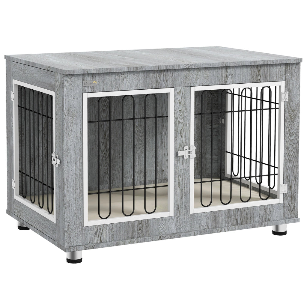 Scaffale per cani con due porte e due chiusure, interno imbottito, struttura in acciaio, grigio 90 × 58 × 65 cm