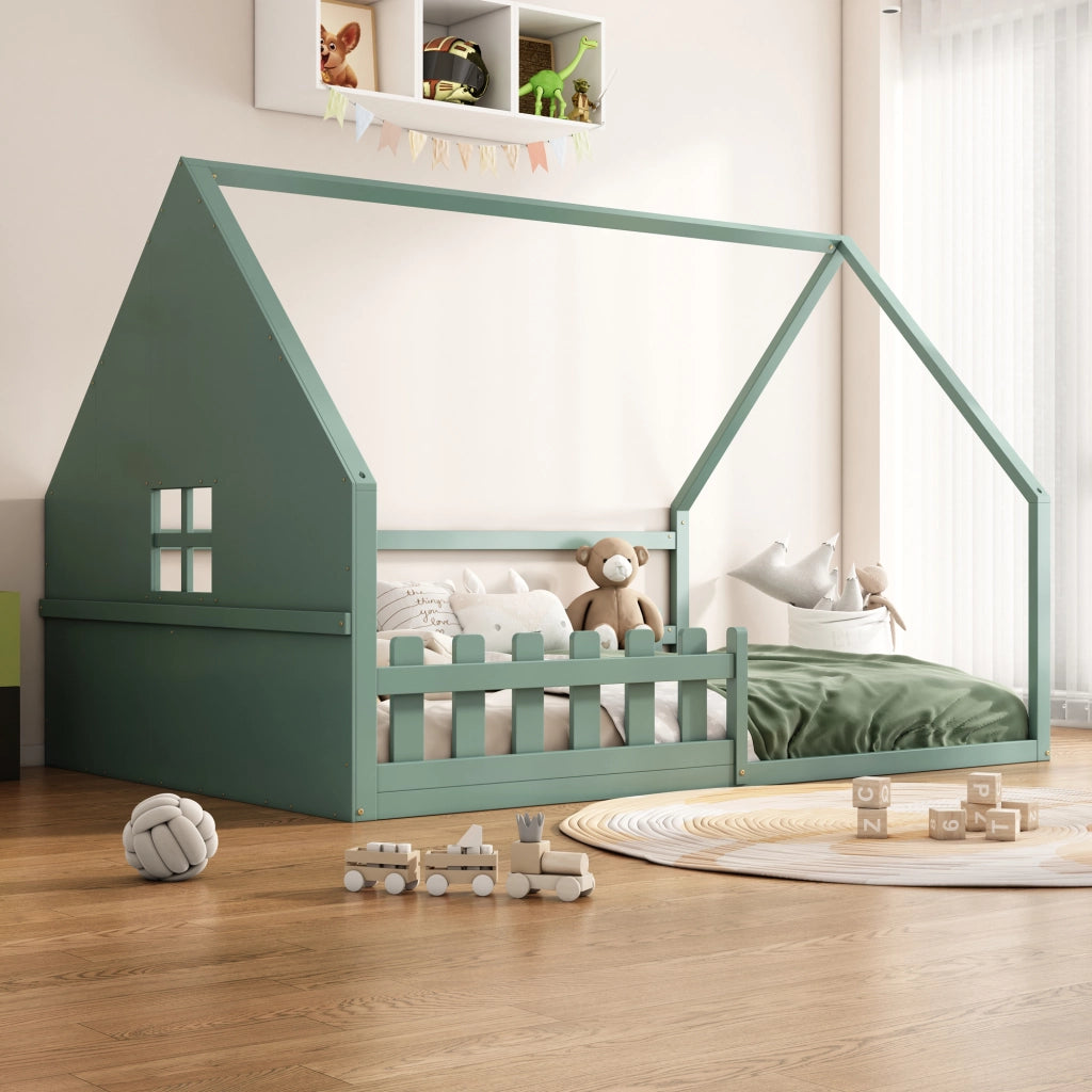 DESMIU Letto per Bambini Letto a Casetta 140 × 200 cm 2 Posti con Sponde, Senza Materasso, in Pino e MDF, Verde