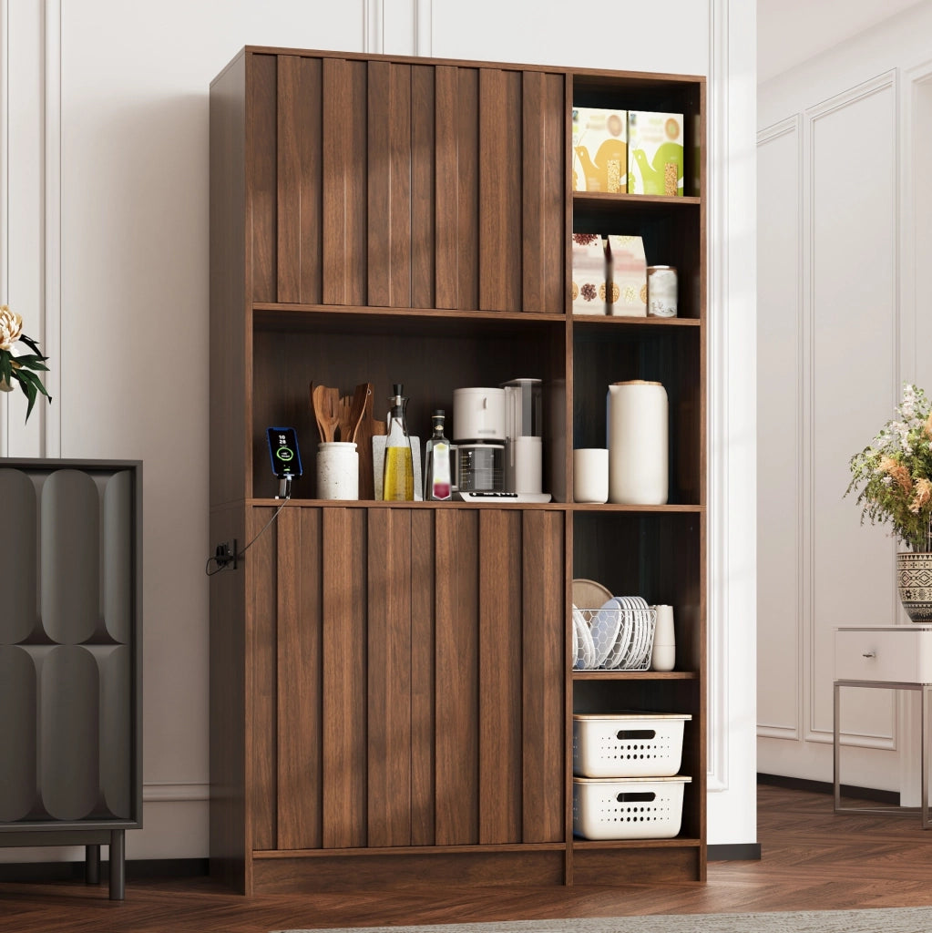 Colonna cucina 105x40x180 cm in MDF marrone, LED, prese e contenitore