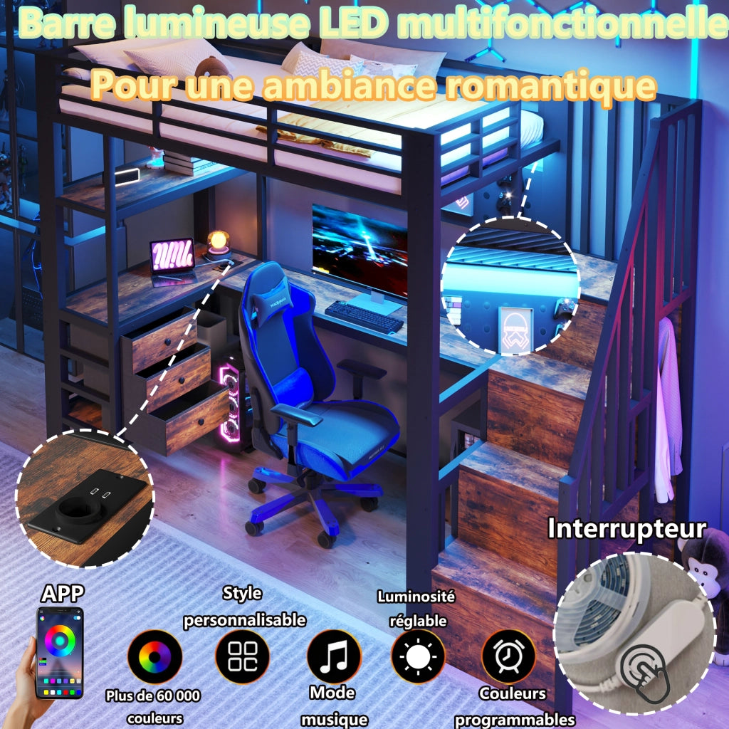 Letto a castello con scrivania a LED 90x200 cm realizzato in MDF nero e metallo