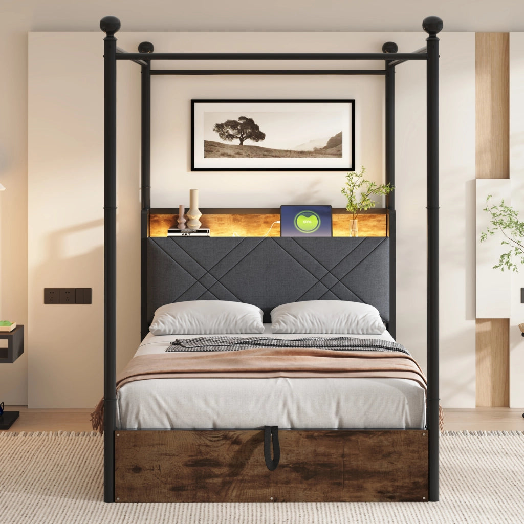 Letto singolo smart a baldacchino 90x190 cm con LED e USB