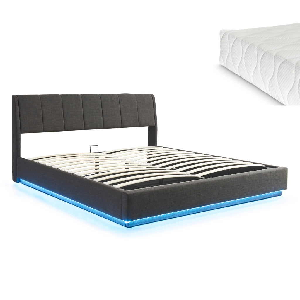Letto Contenitore Tröstiar con Luce LED Letto Matrimoniale con Materasso 180x200 cm Nero [en.casa]