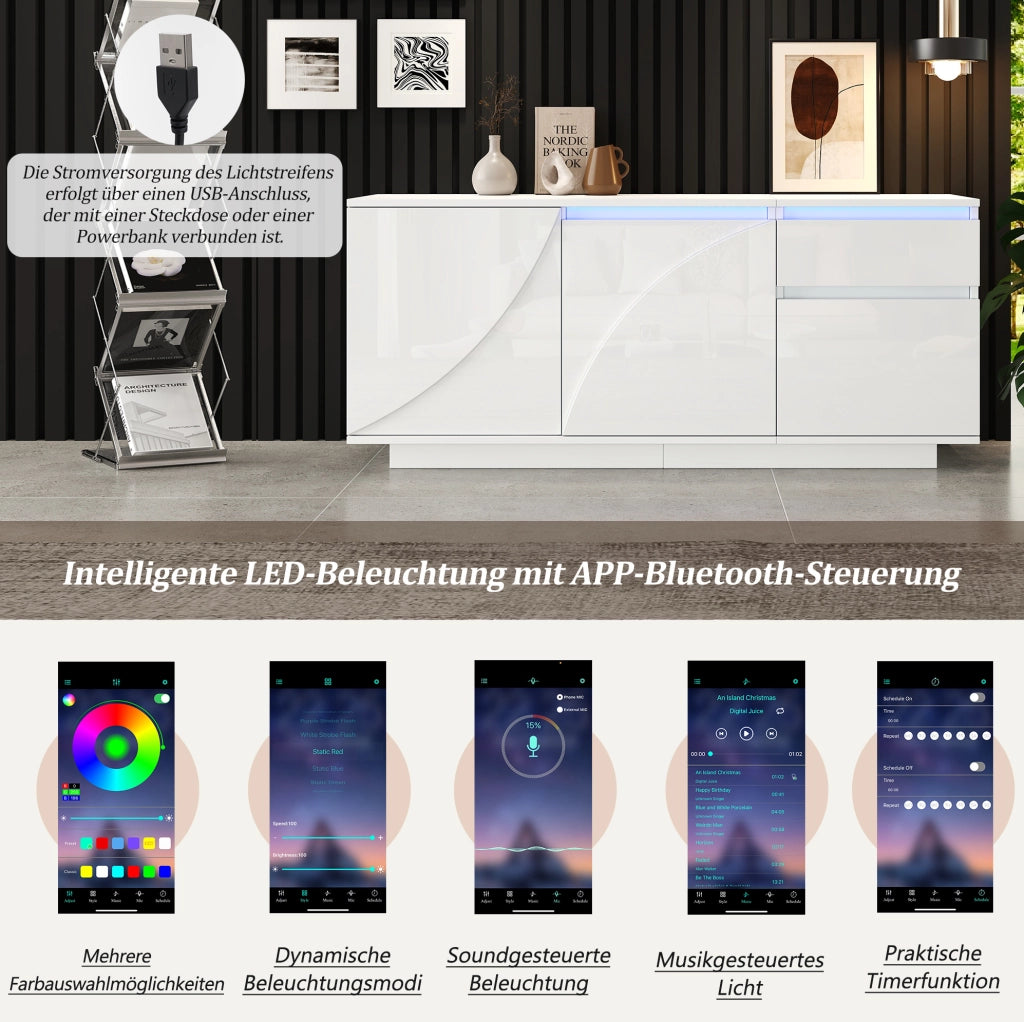 Credenza LED bianca 140x40x60 cm con 3 ante e cassetto