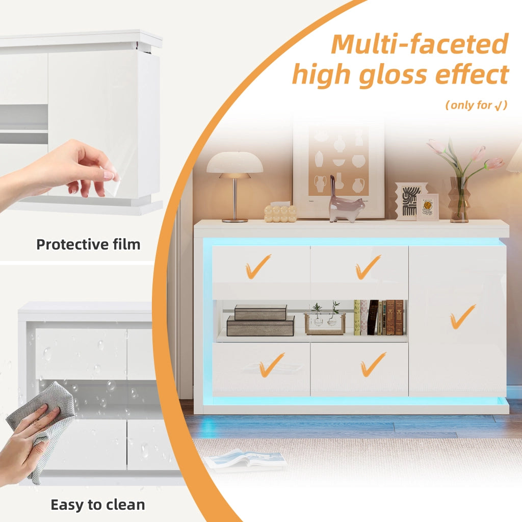 Credenza con LED e 3 ante in truciolare con 2 ante in vetro temperato, per soggiorno e ufficio, bianca, 140 × 40 × 84 cm